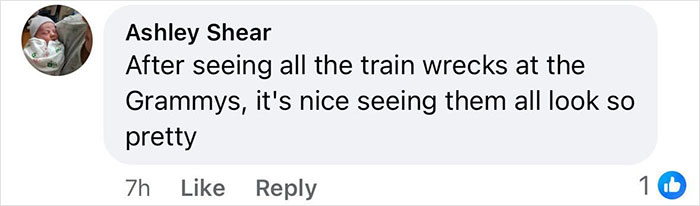 Comment from Ashley Shear saying it’s nice seeing them look pretty after the Grammys train wrecks. Comment from Ashley Shear saying it’s nice seeing them look pretty after the Grammys train wrecks.
