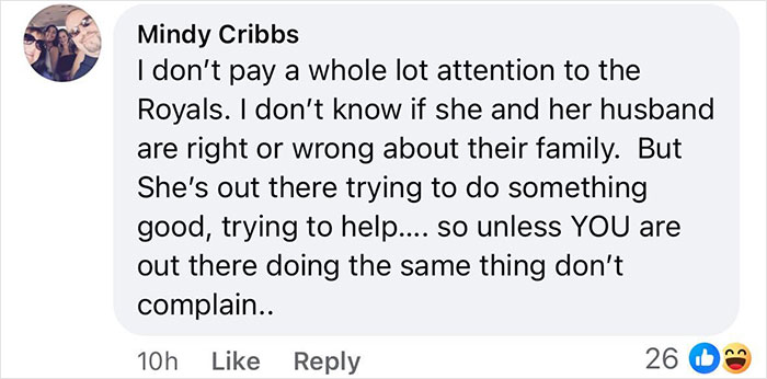 Social media comment discussing Meghan Markle's charity efforts, mentioning the Royals. Social media comment discussing Meghan Markle's charity efforts, mentioning the Royals.