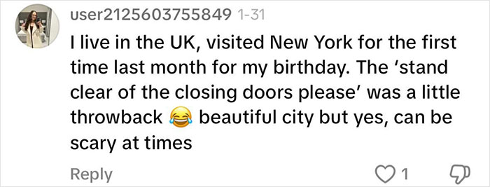 Comment about New York being beautiful but scary at times, referencing subway doors. Comment about New York being beautiful but scary at times, referencing subway doors.