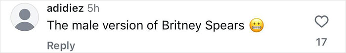 Comment comparing Justin Bieber to Britney Spears on social media, with 17 likes. Comment comparing Justin Bieber to Britney Spears on social media, with 17 likes.