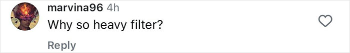 Comment questioning heavy Photoshop filter use on an Instagram post. Comment questioning heavy Photoshop filter use on an Instagram post.