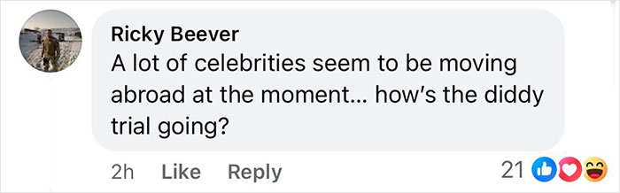 Social media comment discussing celebrities moving overseas, with 21 reactions. Social media comment discussing celebrities moving overseas, with 21 reactions.