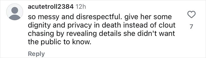 Instagram comment discussing privacy and respect regarding Michelle Trachtenberg's tragic situation. Instagram comment discussing privacy and respect regarding Michelle Trachtenberg's tragic situation.