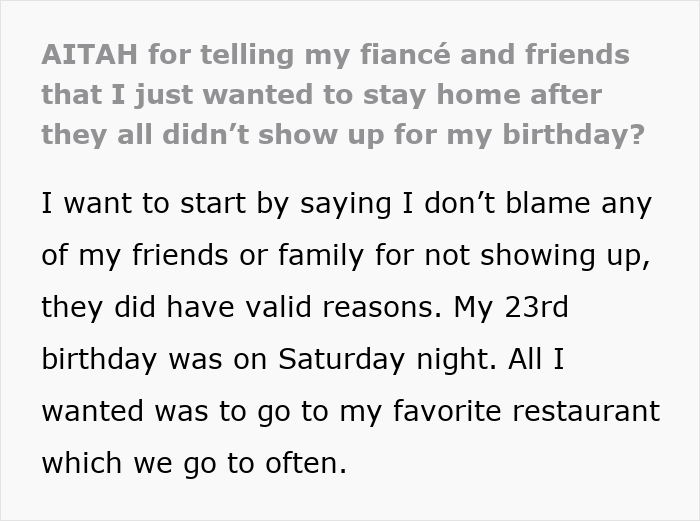 Woman discussing absence of friends and family at her birthday, leading to canceled dinner. Woman discussing absence of friends and family at her birthday, leading to canceled dinner.