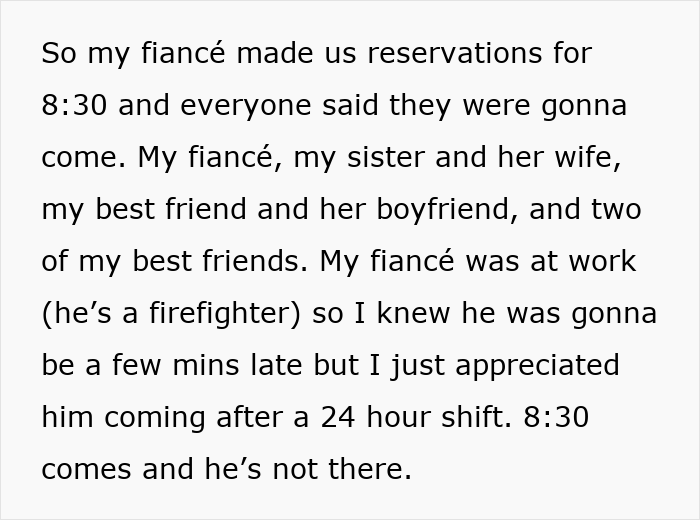 Text screenshot about a woman whose birthday dinner was missed by friends and family. Text screenshot about a woman whose birthday dinner was missed by friends and family.