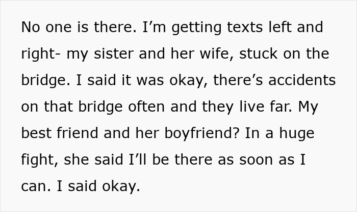 Text message about missed birthday dinner, detailing friends' and family's excuses for absence. Text message about missed birthday dinner, detailing friends' and family's excuses for absence.