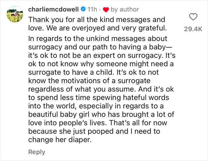 Comment on surrogacy, gratitude for support, addressing negativity, joyful mention of new baby. Comment on surrogacy, gratitude for support, addressing negativity, joyful mention of new baby.