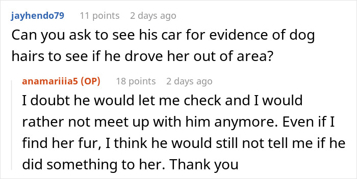 Comments discussing a woman’s lost dog and her boyfriend's suspicious actions. Comments discussing a woman’s lost dog and her boyfriend's suspicious actions.