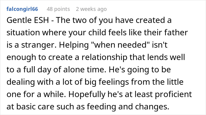 Text response discussing husband's lack of involvement with infant care, emphasizing importance of building a relationship. Text response discussing husband's lack of involvement with infant care, emphasizing importance of building a relationship.