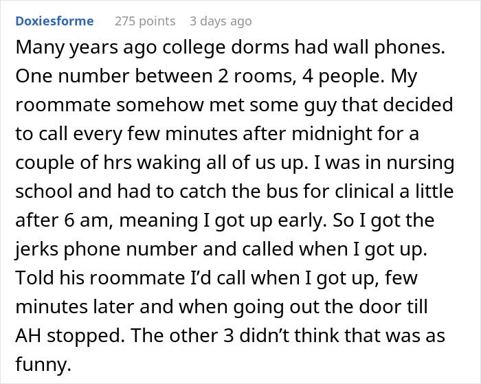 Text describing a college dorm phone prank, referencing an early wake-up call. Text describing a college dorm phone prank, referencing an early wake-up call.
