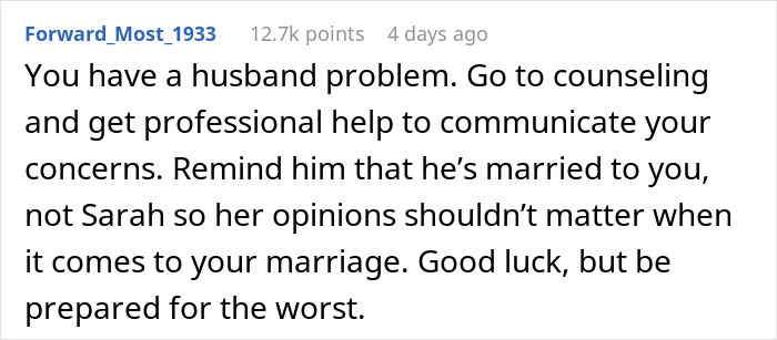Reddit comment giving advice on dealing with a problematic work relationship affecting marriage. Reddit comment giving advice on dealing with a problematic work relationship affecting marriage.