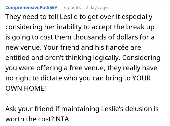 Comment discussing refusal of backyard for wedding due to denied plus-one. Comment discussing refusal of backyard for wedding due to denied plus-one.