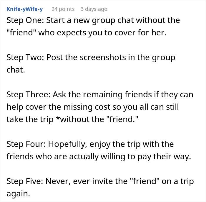 Group chat advice on handling a friend unable to pay for vacation costs. Group chat advice on handling a friend unable to pay for vacation costs.