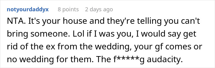 Reddit comment discussing refusing friends' wedding in backyard over plus-one issue. Reddit comment discussing refusing friends' wedding in backyard over plus-one issue.