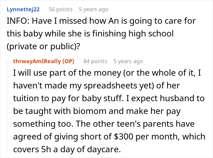 Reddit discussion on finances and responsibilities for a teen mom's baby care and education expenses. Reddit discussion on finances and responsibilities for a teen mom's baby care and education expenses.