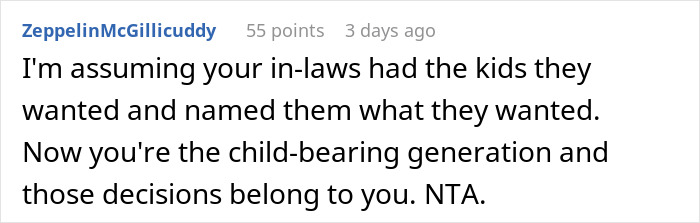 Reddit comment discussing baby's name and family decisions, gaining 55 points. Reddit comment discussing baby's name and family decisions, gaining 55 points.
