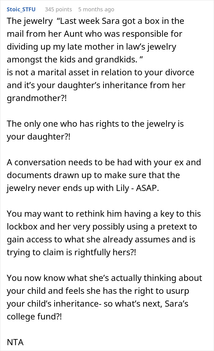 Text post discussing woman's demand for jewelry from boyfriend's stepdaughter, highlighting rights and inheritance issues. Text post discussing woman's demand for jewelry from boyfriend's stepdaughter, highlighting rights and inheritance issues.
