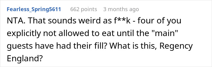 Reddit comment discussing friends eating leftovers after main guests, questioning the fairness of the situation. Reddit comment discussing friends eating leftovers after main guests, questioning the fairness of the situation.