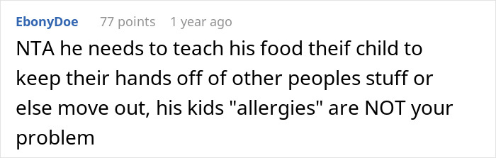 Text from a forum discussing a dad blaming a roommate for a 7-year-old's food allergy incident. Text from a forum discussing a dad blaming a roommate for a 7-year-old's food allergy incident.
