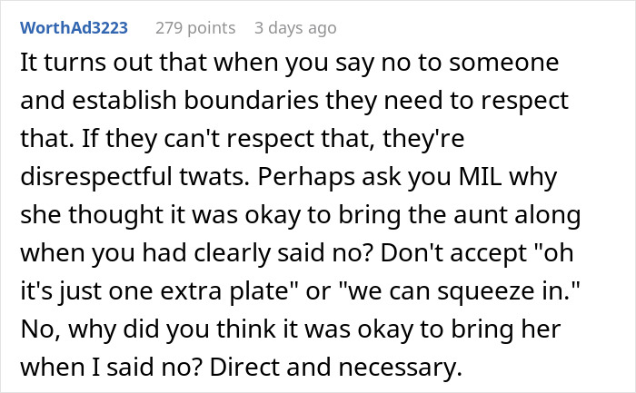 Text discussing MIL, boundaries, and bringing an uninvited guest to dinner. Text discussing MIL, boundaries, and bringing an uninvited guest to dinner.