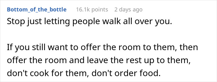 Text advice on houseguests appreciating a woman's home, suggesting not to cater to their needs. Text advice on houseguests appreciating a woman's home, suggesting not to cater to their needs.