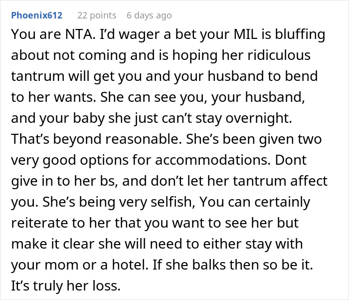 Reddit comment discussing MIL's reaction to not being allowed to sleep over after DIL gives birth. Reddit comment discussing MIL's reaction to not being allowed to sleep over after DIL gives birth.