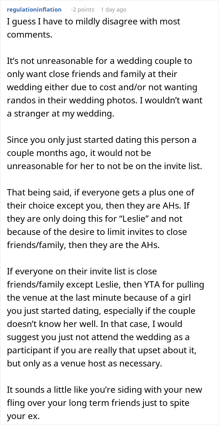 Text discussing wedding invite issues: man refuses backyard use after denied plus-one. Text discussing wedding invite issues: man refuses backyard use after denied plus-one.