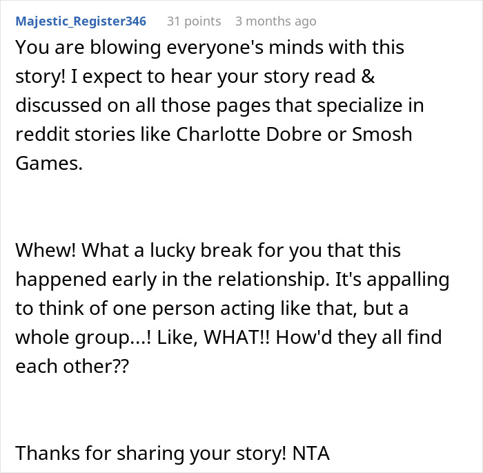 Text comment from a user expressing disbelief about a group of friends eating leftovers. Text comment from a user expressing disbelief about a group of friends eating leftovers.