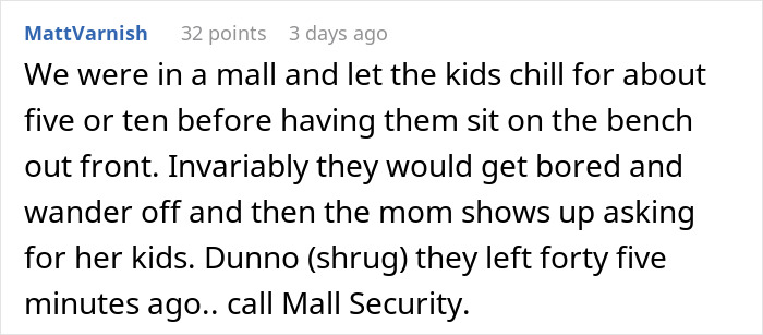 Text about a mall worker explaining why kids shouldn't roam, mentions calling mall security. Text about a mall worker explaining why kids shouldn't roam, mentions calling mall security.