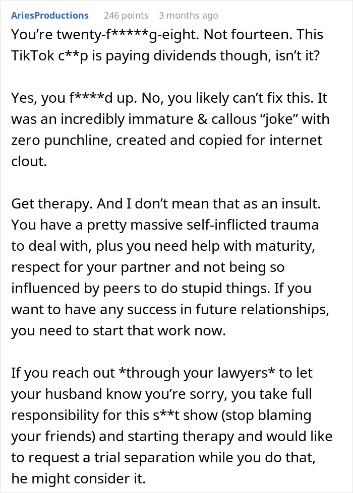 Image of a Reddit comment criticizing a woman's joke that led to her husband serving divorce papers. Image of a Reddit comment criticizing a woman's joke that led to her husband serving divorce papers.