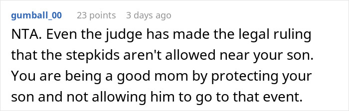 Reddit comment discussing a mom refusing her son from attending BBQ due to stepsiblings. Reddit comment discussing a mom refusing her son from attending BBQ due to stepsiblings.