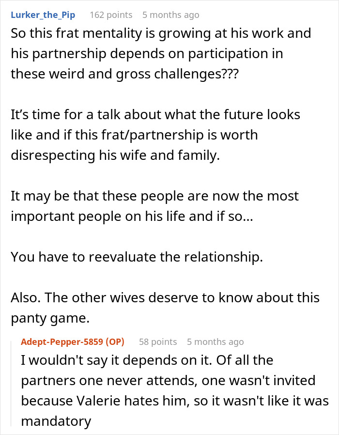 Reddit thread discussing husband's coworkers' game and its impact on marriage and partnerships. Reddit thread discussing husband's coworkers' game and its impact on marriage and partnerships.