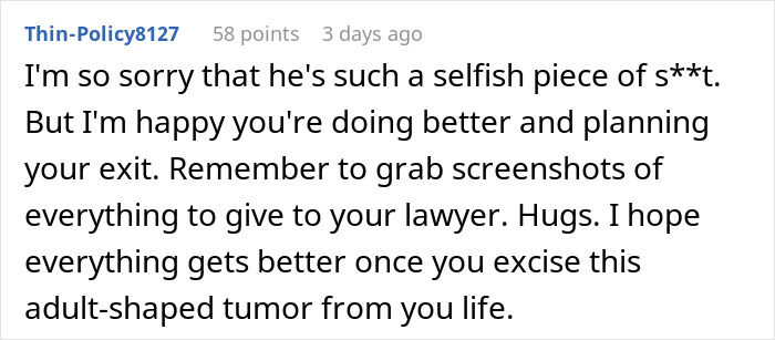 Forum comment discussing relationship issues after husband's actions. Forum comment discussing relationship issues after husband's actions.