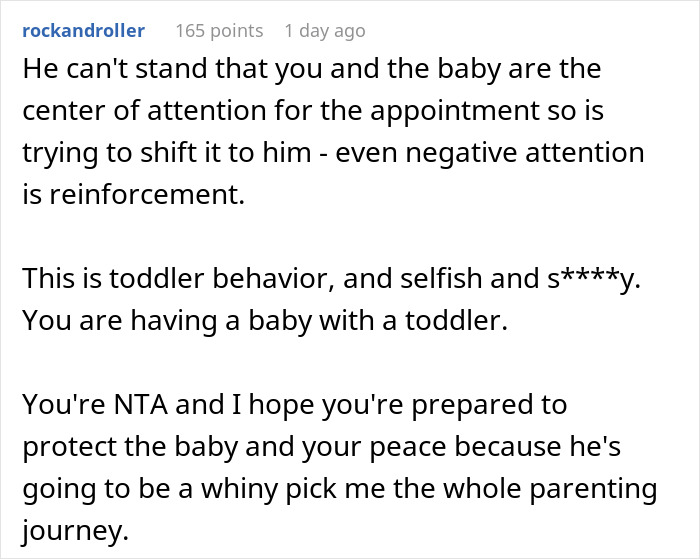 Text exchange discussing a man bothering his wife during pregnancy appointments, described as selfish and attention-seeking. Text exchange discussing a man bothering his wife during pregnancy appointments, described as selfish and attention-seeking.