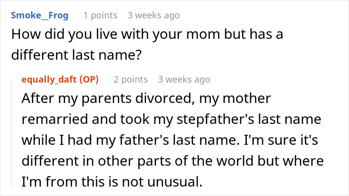 Reddit conversation discussing changes in last names after divorce and remarriage. Reddit conversation discussing changes in last names after divorce and remarriage.