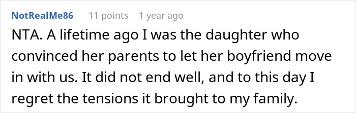 Reddit comment on moving out with boyfriend and family tensions. Reddit comment on moving out with boyfriend and family tensions.