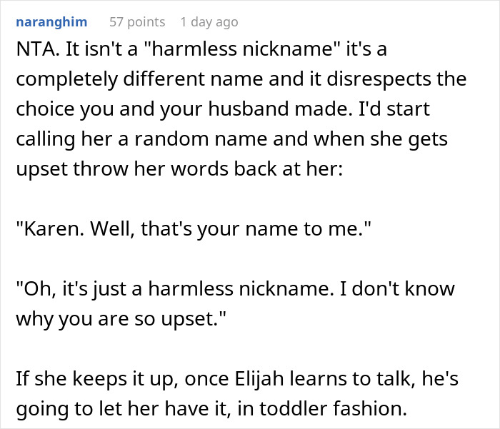 Reddit comment discussing MIL renaming grandson with a random name, suggesting to call MIL a different name in return. Reddit comment discussing MIL renaming grandson with a random name, suggesting to call MIL a different name in return.