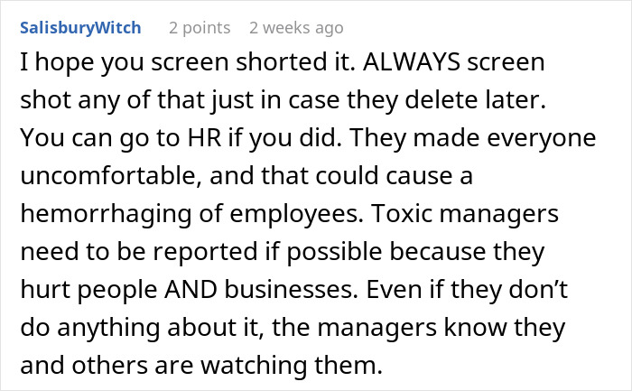 Text about managers making employees uncomfortable, screenshot advice given on handling the situation. Text about managers making employees uncomfortable, screenshot advice given on handling the situation.
