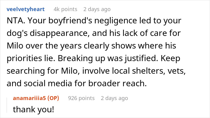Reddit comment discussing negligence regarding a lost dog and supporting the breakup decision. Reddit comment discussing negligence regarding a lost dog and supporting the breakup decision.
