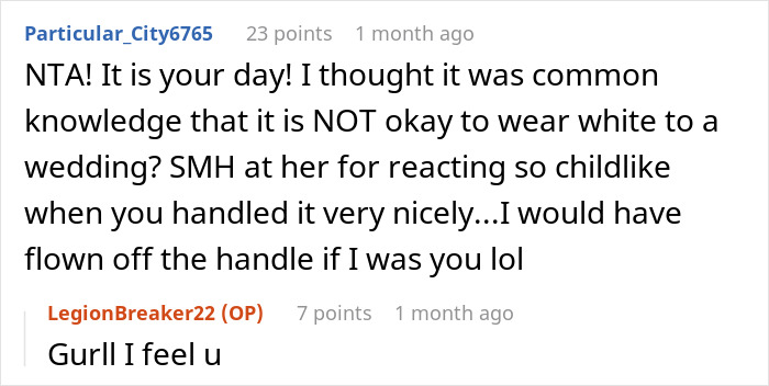 Reddit comments discuss etiquette of wearing white to a wedding, highlighting a woman's stunned reaction. Reddit comments discuss etiquette of wearing white to a wedding, highlighting a woman's stunned reaction.
