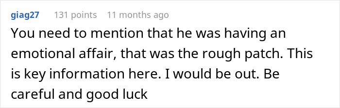Reddit comment on husband's journal discussing affair, highlighting emotional affair concerns. Reddit comment on husband's journal discussing affair, highlighting emotional affair concerns.