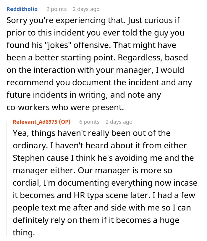 Reddit conversation about coworker conflict and advice on handling management issues. Reddit conversation about coworker conflict and advice on handling management issues.