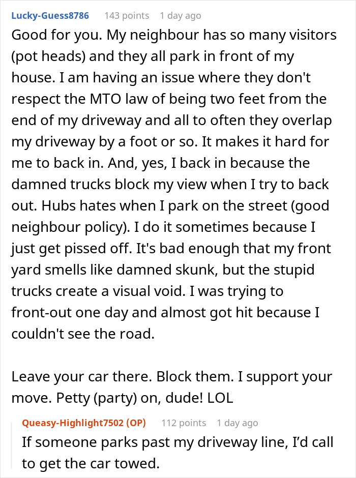 Reddit post discussing revenge on a neighbor over parking issues. Reddit post discussing revenge on a neighbor over parking issues.