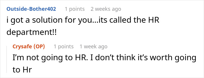 Text conversation about HR department advice, reflecting discomfort and patronizing tone.