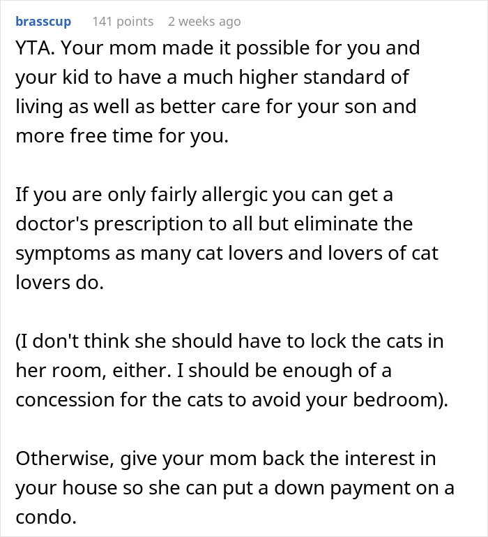 Text discussing a son allergic to cats, with a suggestion for managing symptoms for cat lovers. Text discussing a son allergic to cats, with a suggestion for managing symptoms for cat lovers.