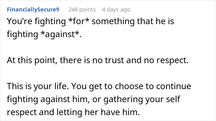 Text discussing relationship dynamics, highlighting lack of trust and respect, and the concept of a "work wife" affecting marriage. Text discussing relationship dynamics, highlighting lack of trust and respect, and the concept of a "work wife" affecting marriage.