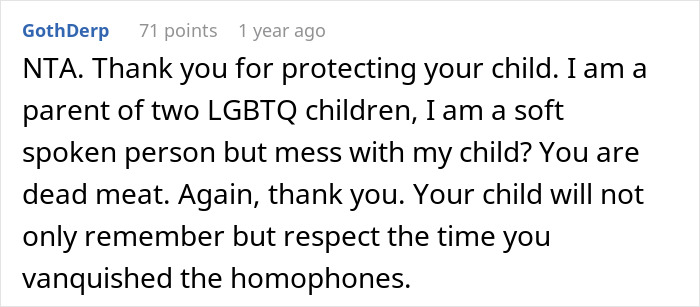 Comment supporting protection of gay children against homophobia, praising strong parental actions. Comment supporting protection of gay children against homophobia, praising strong parental actions.
