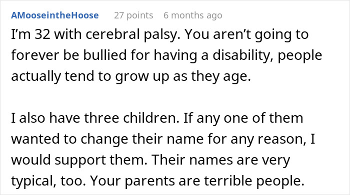 Comment discussing parenting, disability, and name change support. Comment discussing parenting, disability, and name change support.