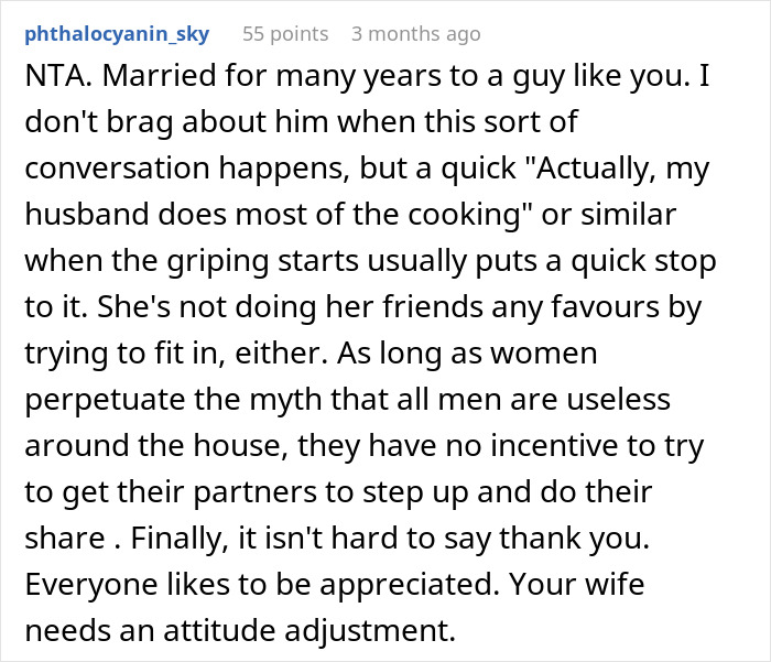 Reddit comment discussing household roles, husband's contributions, and wife's need for appreciation. Reddit comment discussing household roles, husband's contributions, and wife's need for appreciation.