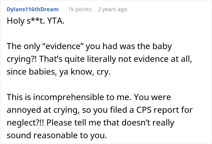Comment criticizing a woman for calling CPS over a toddler's tantrums, stating crying isn't evidence of neglect. Comment criticizing a woman for calling CPS over a toddler's tantrums, stating crying isn't evidence of neglect.
